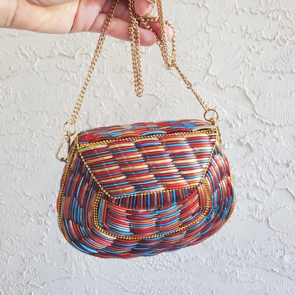 RAMLA Glass Beaded Bag Handmade Multicolor Clutch Crossbody Brass Unique Party
